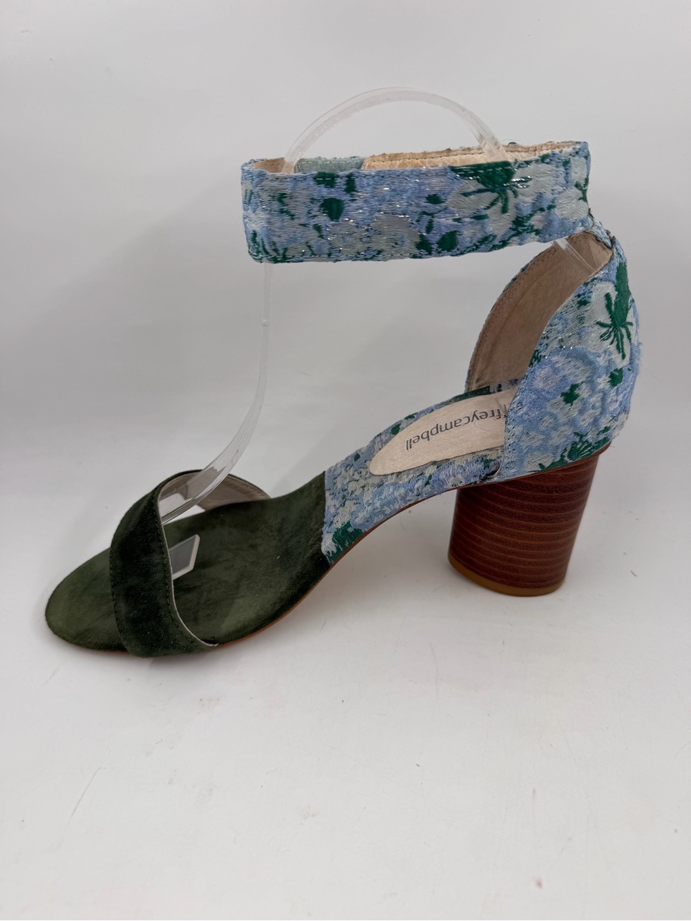Jeffrey Campbell Purdy Blue Fabric Floral -SZ 8- Green Suede Block Heels Sandals - Picture 8 of 14